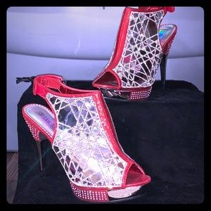Hot Tomato Red & Silver Rhinestone Studded Heels